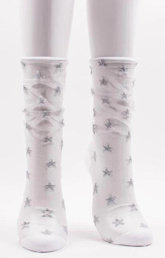 TABBISOCKS brand Clear Star Tulle Socks in SILVER WHITE color with silver-colored stars all over the white transparent fabric