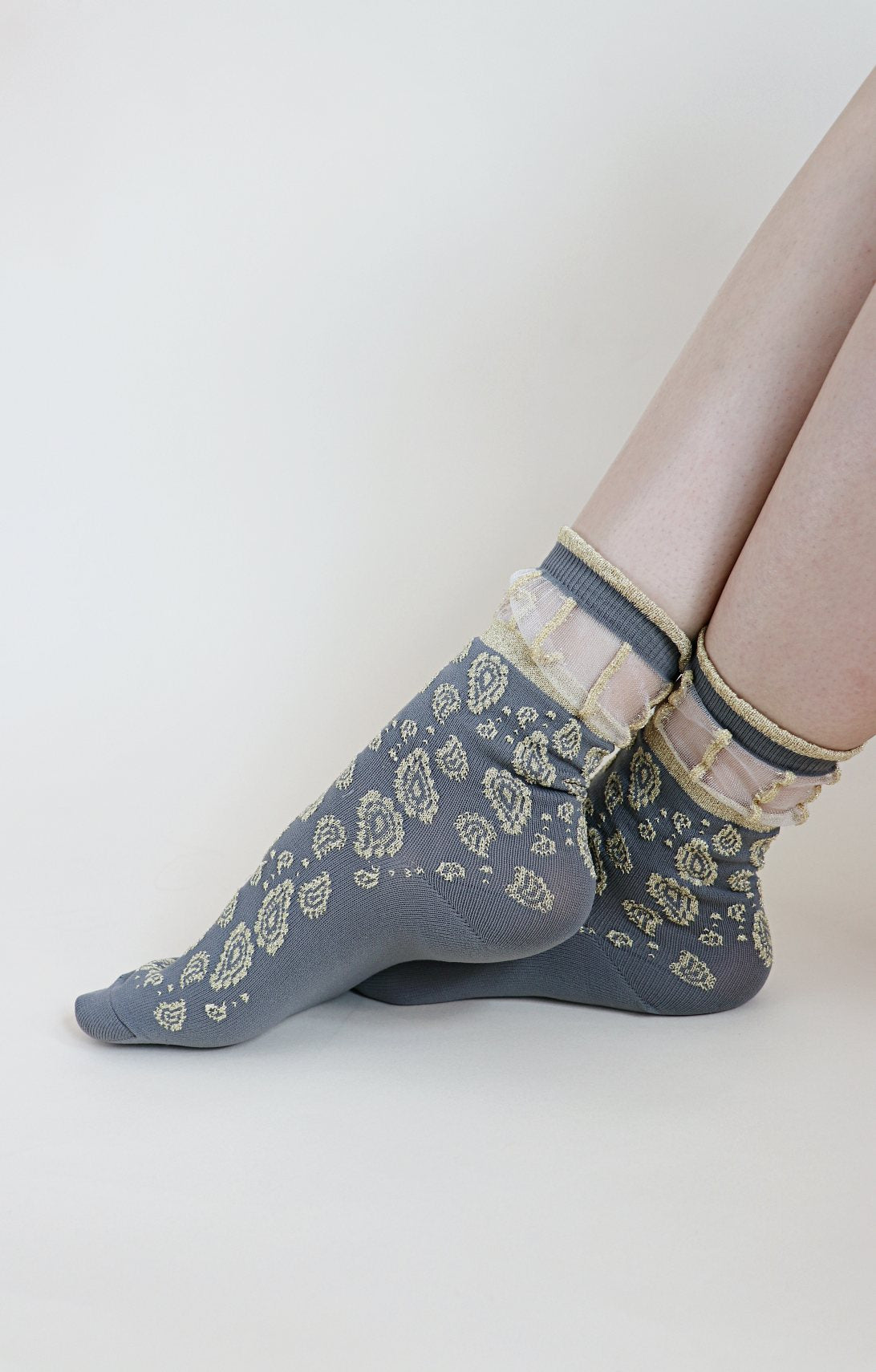 TABBISOCKS brand Golden Paisley Socks in MIDDLE GREY, gray color with gold Persian-like pattern embroidery