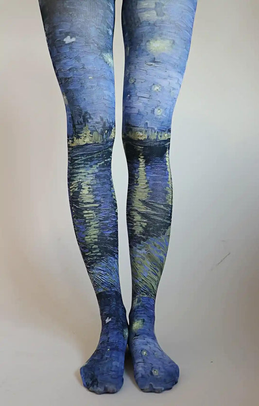 TABBISOCKS brand Van Gogh Collection product with design of Starry Night Over the Rhône artwork, overall blue color