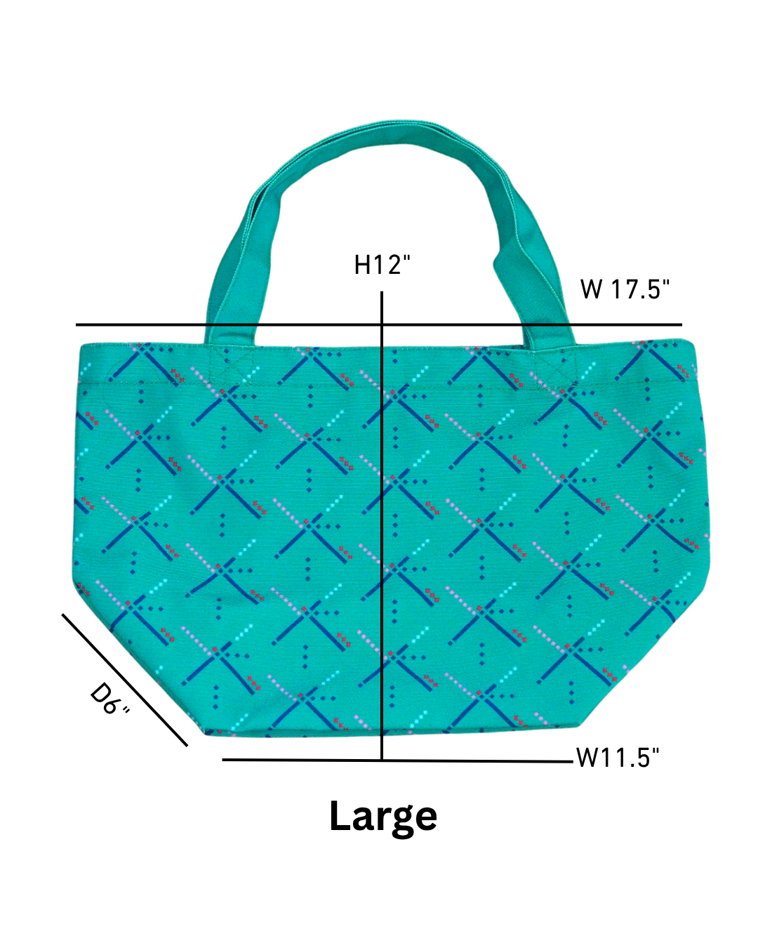 Teal tote bag with measurements on a white background