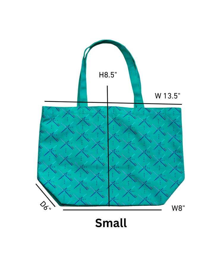 Teal tote bag with measurements on a white background