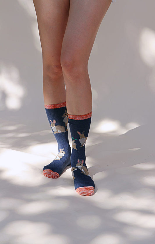 TABBISOCKS brand Replant Pairs Bunny Socks in a navy blue-like denim color with brown rabbit design throughout, pink point color at the toe and footwear opening