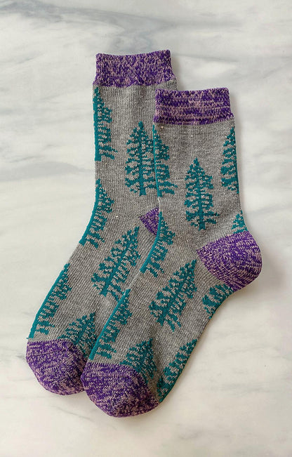TABBISOCKS brand Replant Pairs Tree Socks in Grey with a purple insert at the cuff and toe and a green overall tree design