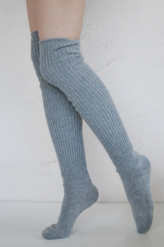 Female leg wearing TABBISOCKS brand Scrunchy Over the Knee Socks, knee-length knee socks in Grey color