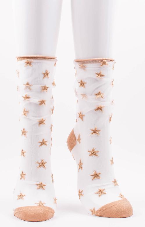 TABBISOCKS brand Sheer Star Tulle Socks in CLEAR GOLD color with gold-colored embroidered stars scattered on transparent white fabric.