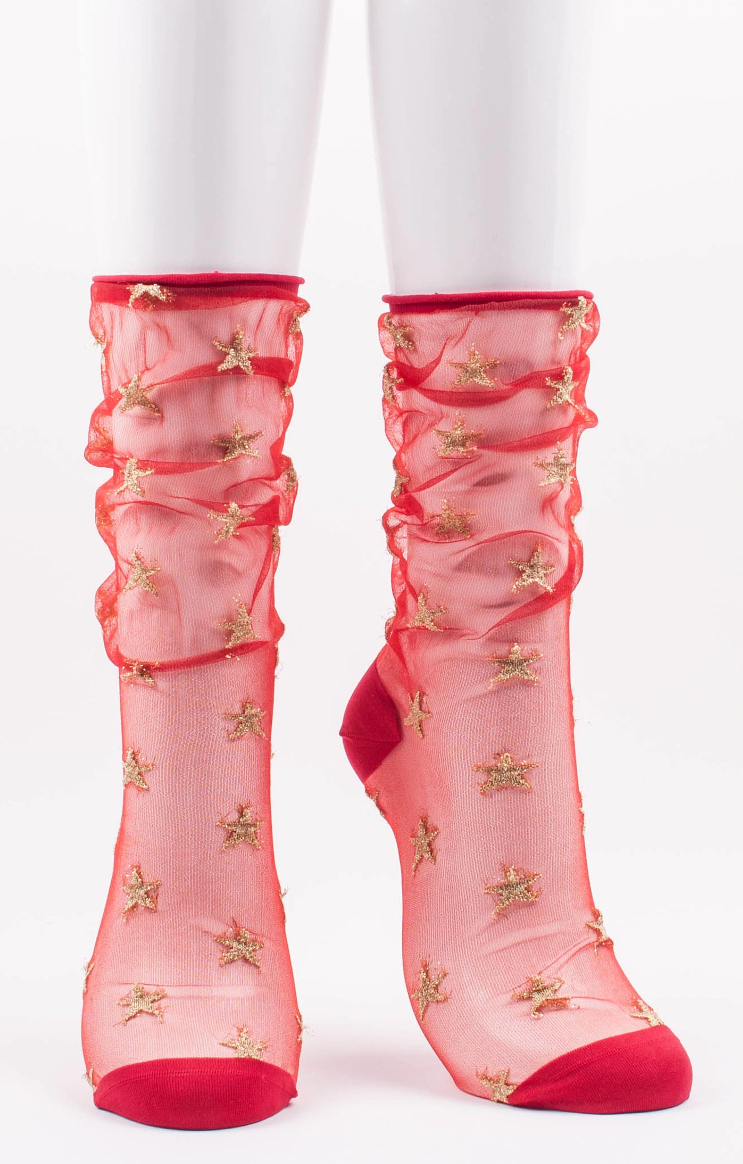 TABBISOCKS brand Sheer Star Tulle Socks in RED GOLD color with gold star embroidery scattered on transparent red fabric design