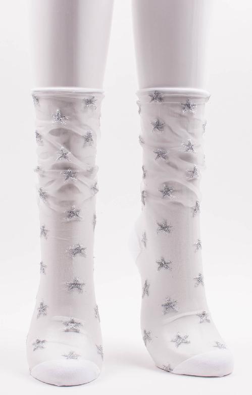 TABBISOCKS brand Sheer Star Tulle Socks in SILVER WHITE color with silver star embroidery scattered on transparent white fabric.