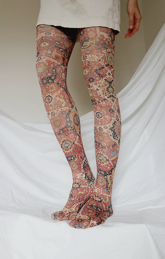 Tattoo Tights With Flowers Print , Handprinted Womens Pantyhose