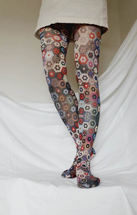 Colorful honey comb textile on tights.