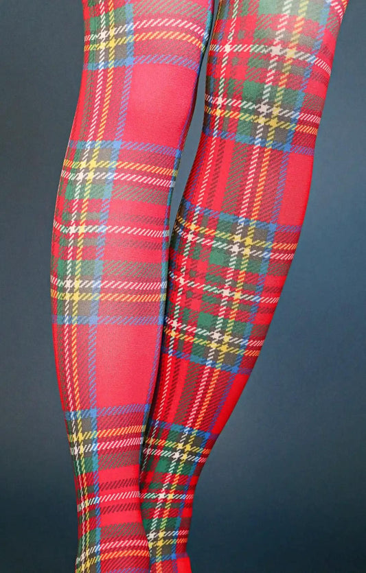 TABBISOCKS brand Royal Stewart Tartan Plaid Printed Tights, women's legs wearing gingham check patterns in green, red, blue, green, light blue, yellow, etc.