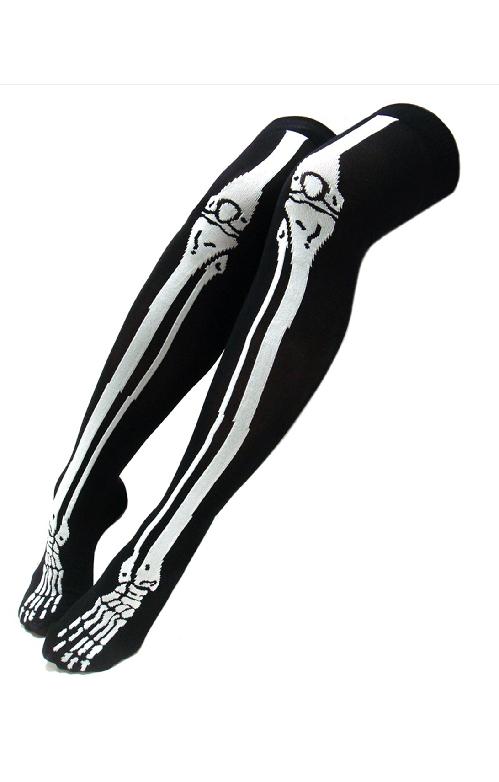 TABBISOCKS brand Skeleton Over The Knee Socks, black overall with white bone print