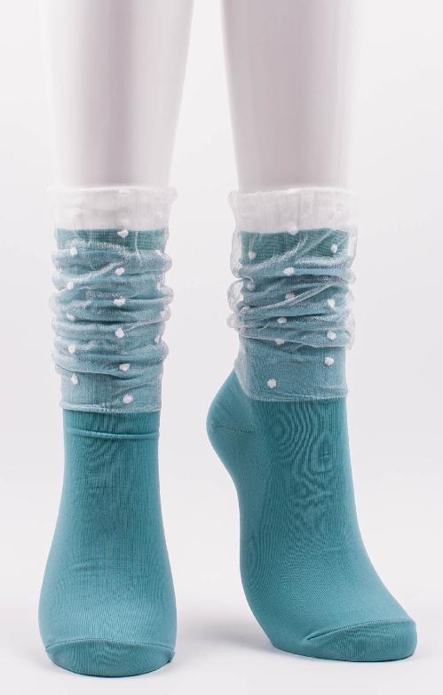 Turquoiz crew socks with tulle design with polka dots
