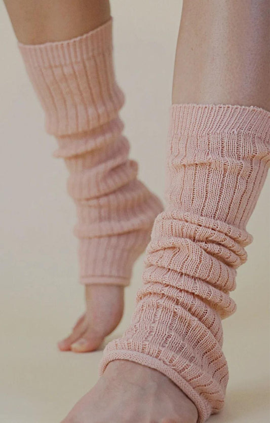 Woman's leg wearing Pink color with TABBISOCKS brand Wool Blend Leg and Arm Warmers