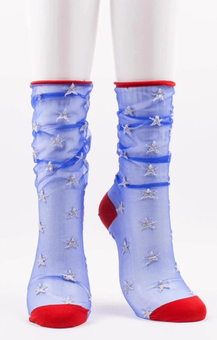 TABBISOCKS brand American Star Tulle Sheer Socks in BLUE SILVER STAR color with red point color