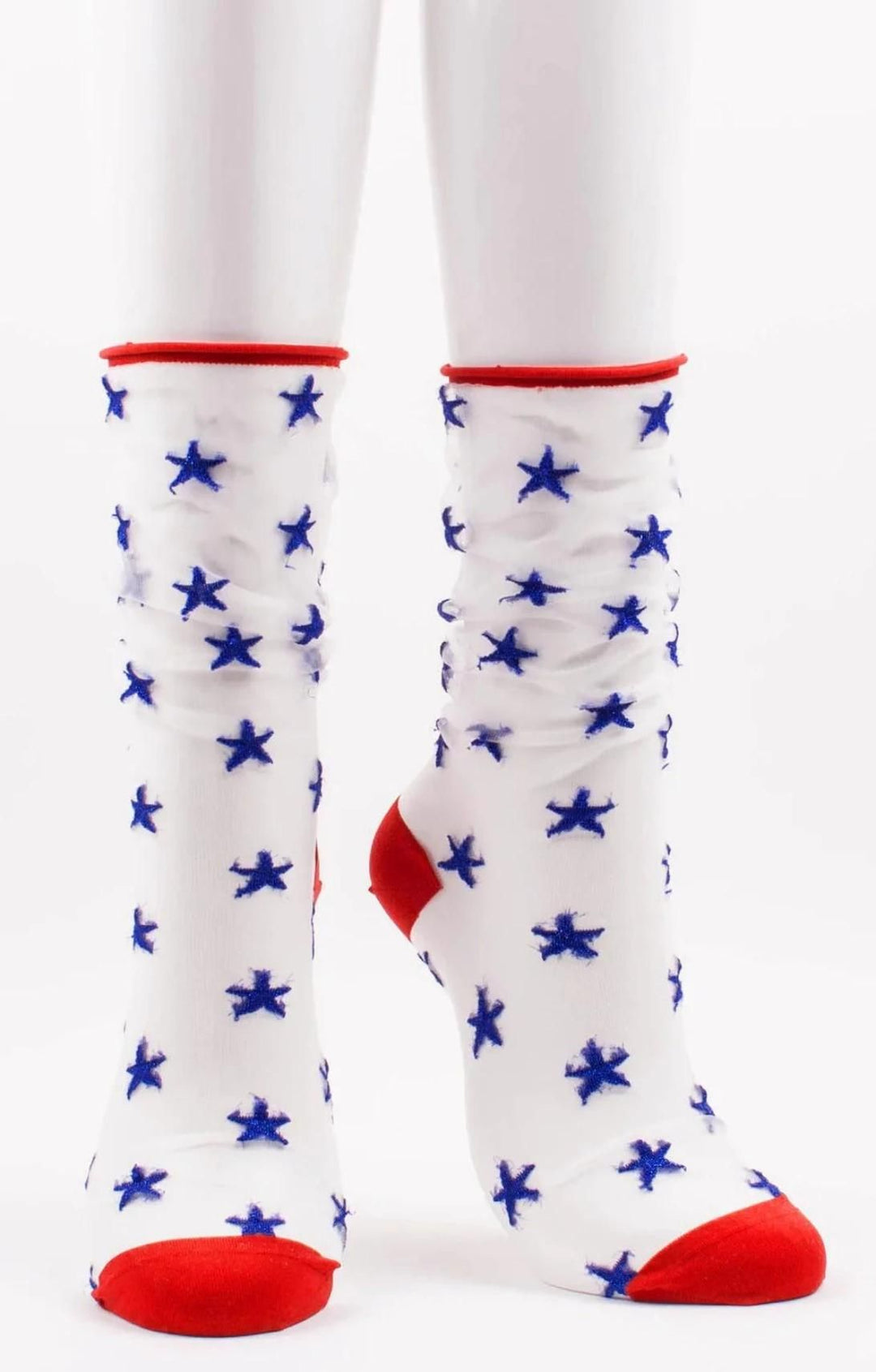 TABBISOCKS brand American Star Tulle Sheer Socks in CLEAR BLUE SPARKLE color with red point color