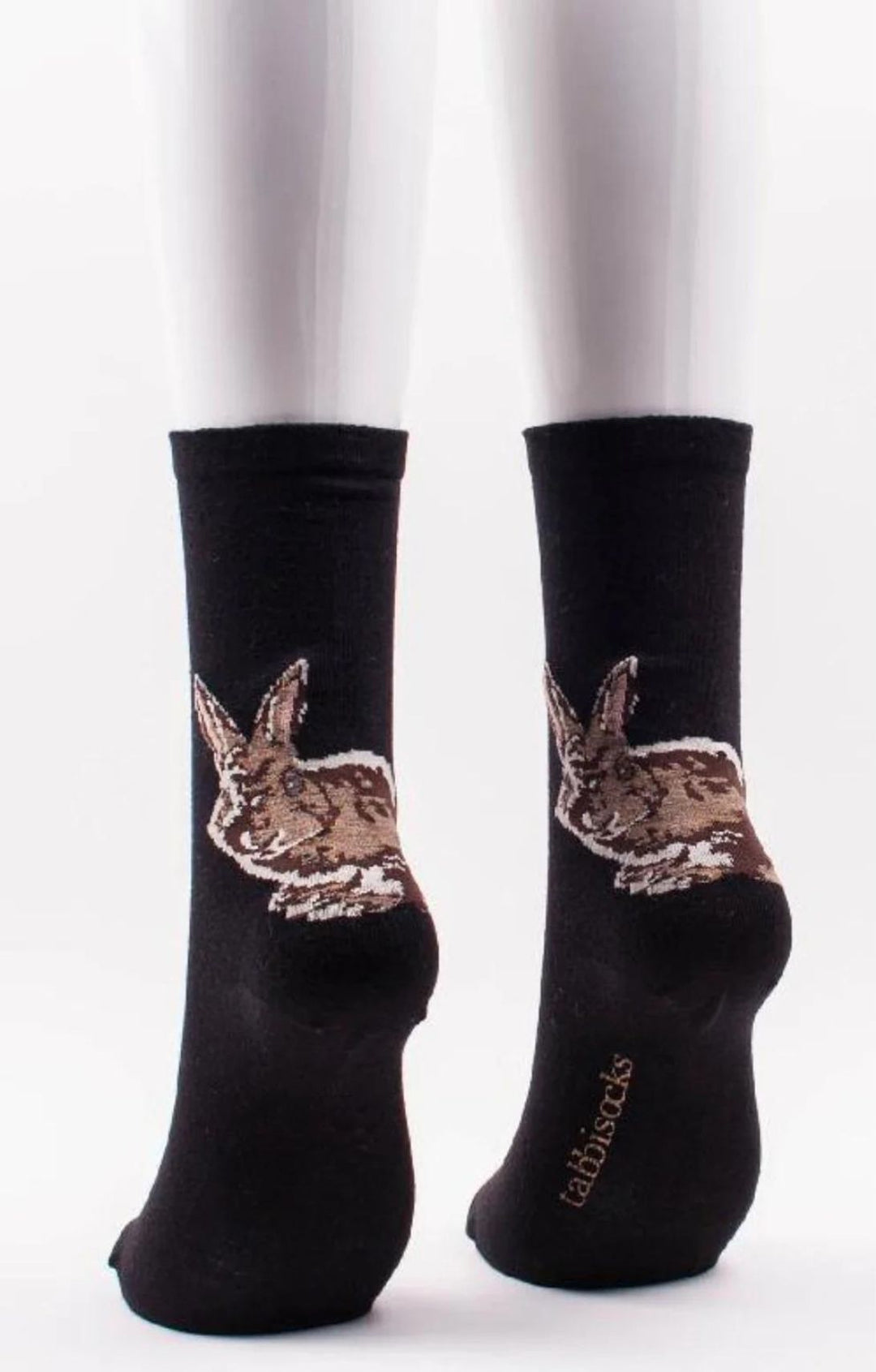 TABBISOCKS brand Animal Rescue Pairs Bunny Rabbit Socks in black fabric with brown rabbit illustration on the back