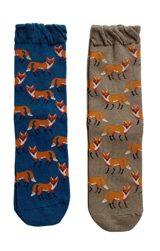 TABBISOCKS brand Animal Rescue Pairs Fox Socks in OLIVE BEIGE and ATLANTIC BLUE