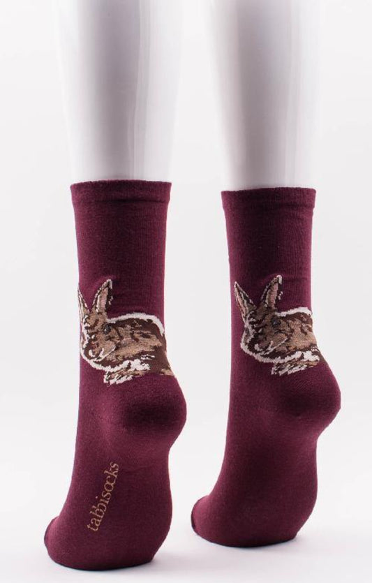 TABBISOCKS brand Bunny Rabbit Crew Socks in Merlot with a brown rabbit print on the back