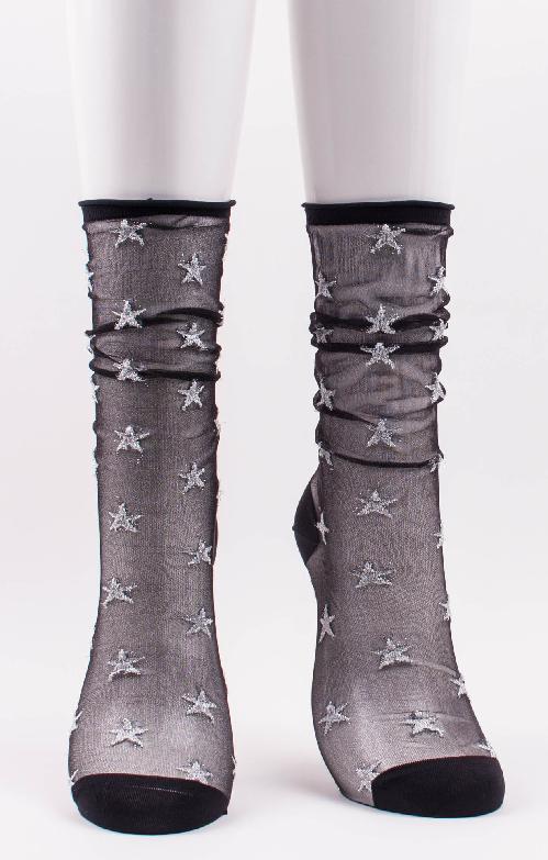 TABBISOCKS brand Clear Star Tulle Socks in BLACK SILVER color with silver colored stars all over the black transparent fabric