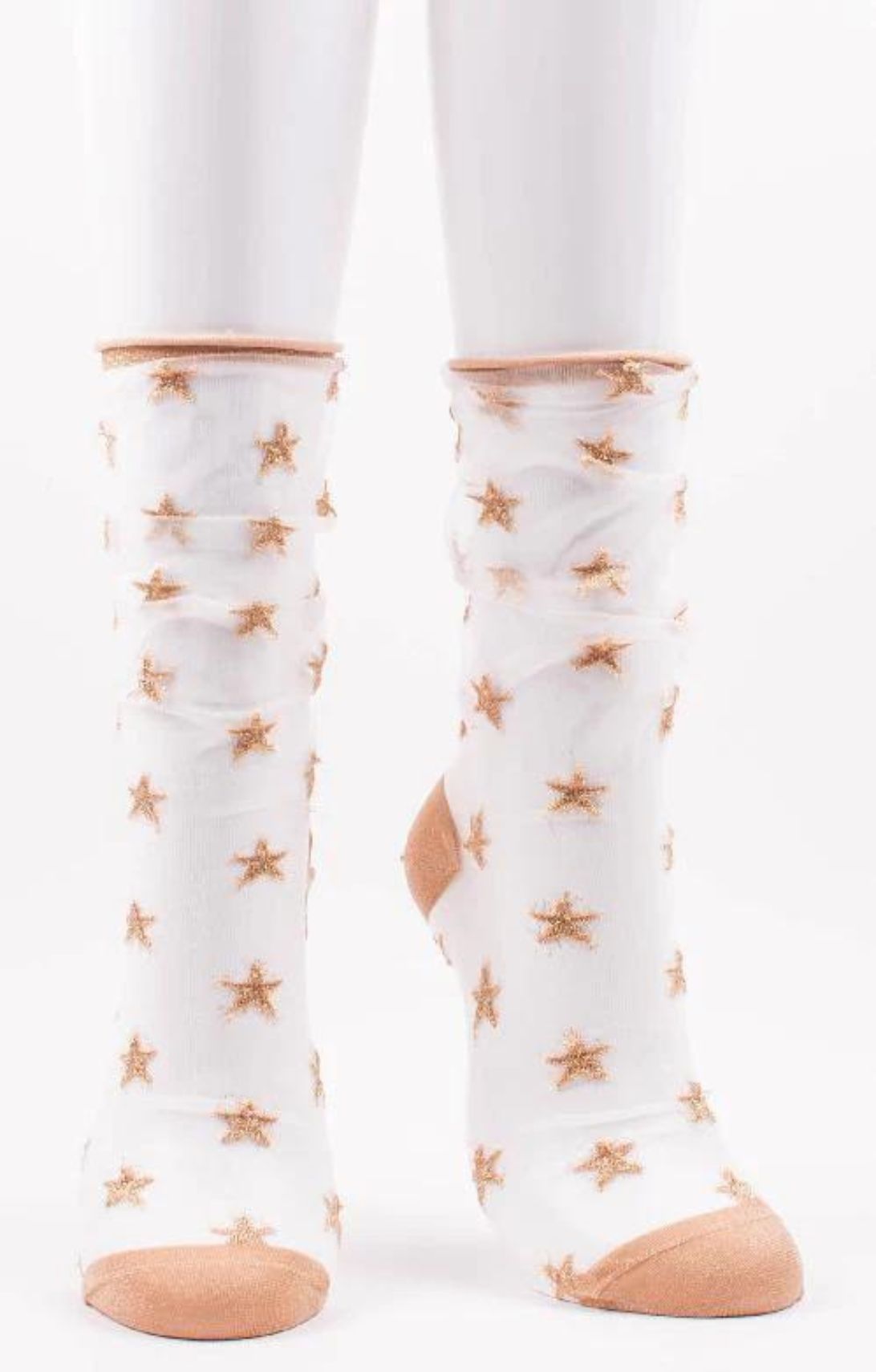 TABBISOCKS brand Clear Star Tulle Socks in SCLEAR GOLD color with gold colored stars all over the white transparent fabric
