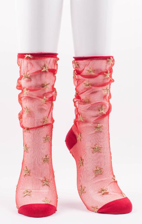 TABBISOCKS brand Clear Star Tulle Socks in RED GOLD color, with gold-colored stars on red transparent fabric