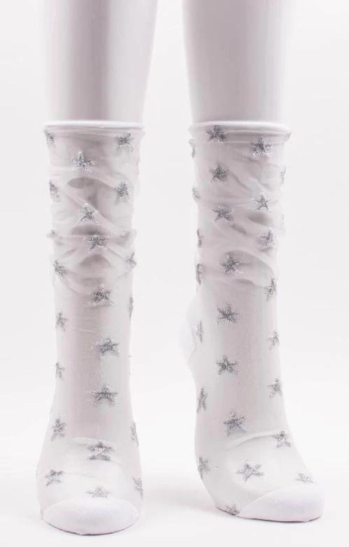 TABBISOCKS brand Clear Star Tulle Socks in SILVER WHITE color with silver-colored stars all over the white transparent fabric