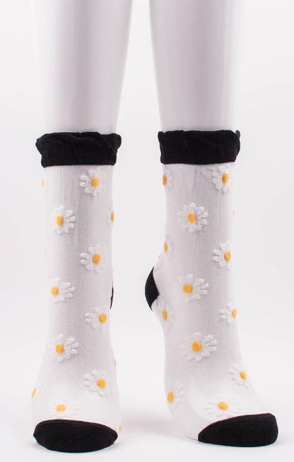 TABBISOCKS brand Daisy Sheer Socks in CLEAR WHITE color with white daisy flower illustration all over the transparent white fabric