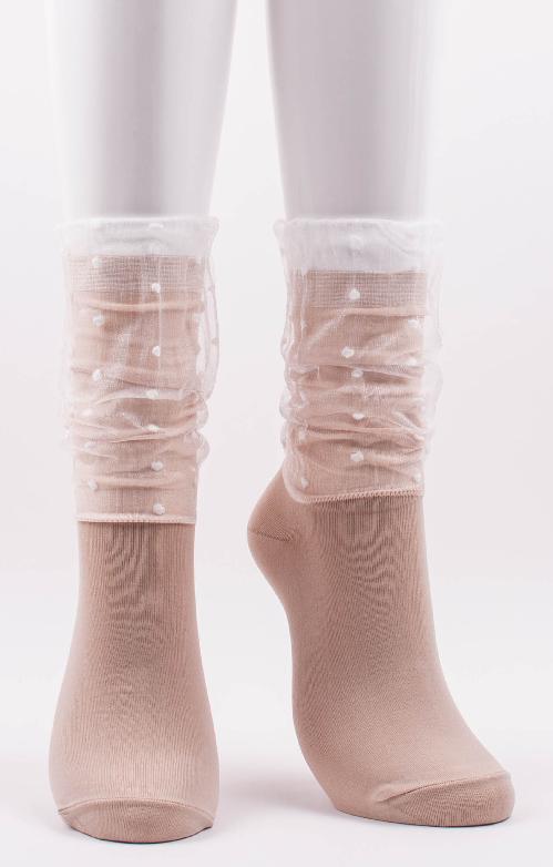 TABBISOCKS brand Dots In Veil Socks, BEIGE color, white transparent fabric with dotted design at the mouth of the footwear