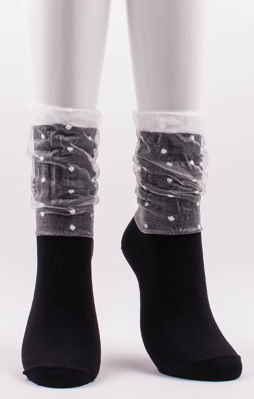Black, white transparent fabric with dotted design on the mouth part of the product called Dots In Veil Socks of the TABBISOCKS brand.