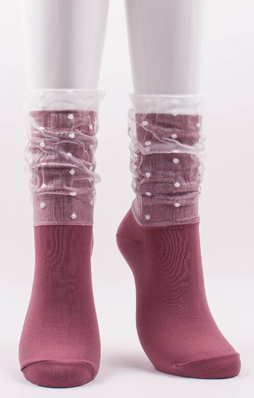 ROSE-colored, white transparent fabric with dotted design at the mouth of the footwear of a product called Dots In Veil Socks of the TABBISOCKS brand