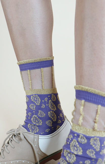 TABBISOCKS brand Golden Paisley Socks, AMETHYST, purple with gold Persian-like pattern embroidery