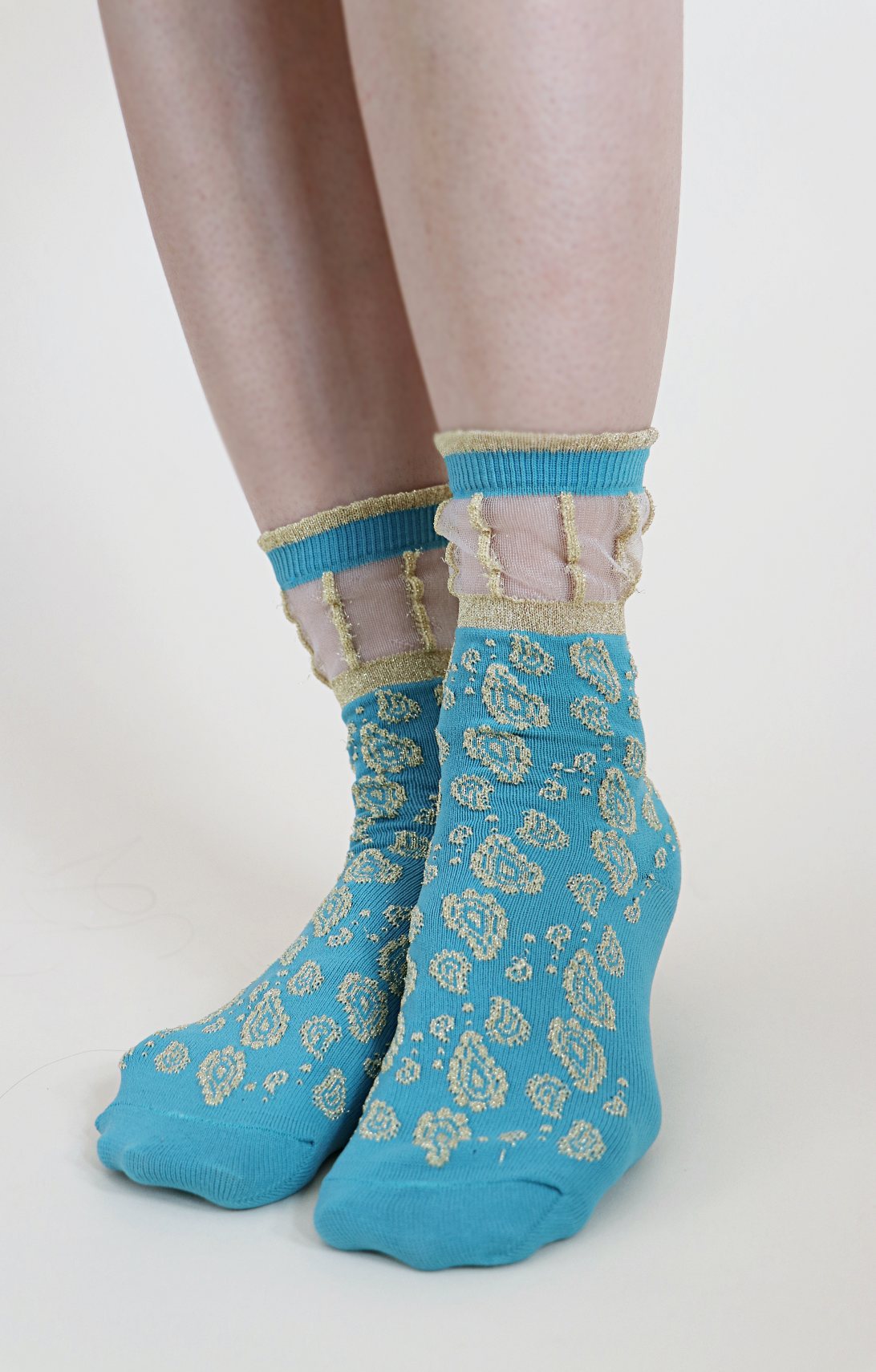 TABBISOCKS brand Golden Paisley Socks called PELORUS, light blue with gold Persian-like pattern embroidery