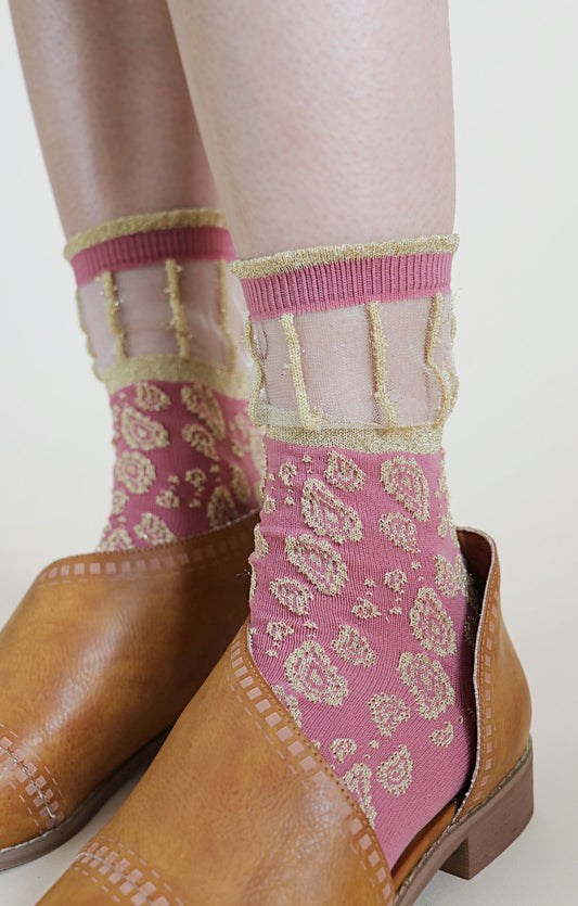 TABBISOCKS brand Golden Paisley Socks called ROSE GOLD, pink with gold Persian-like pattern embroidery