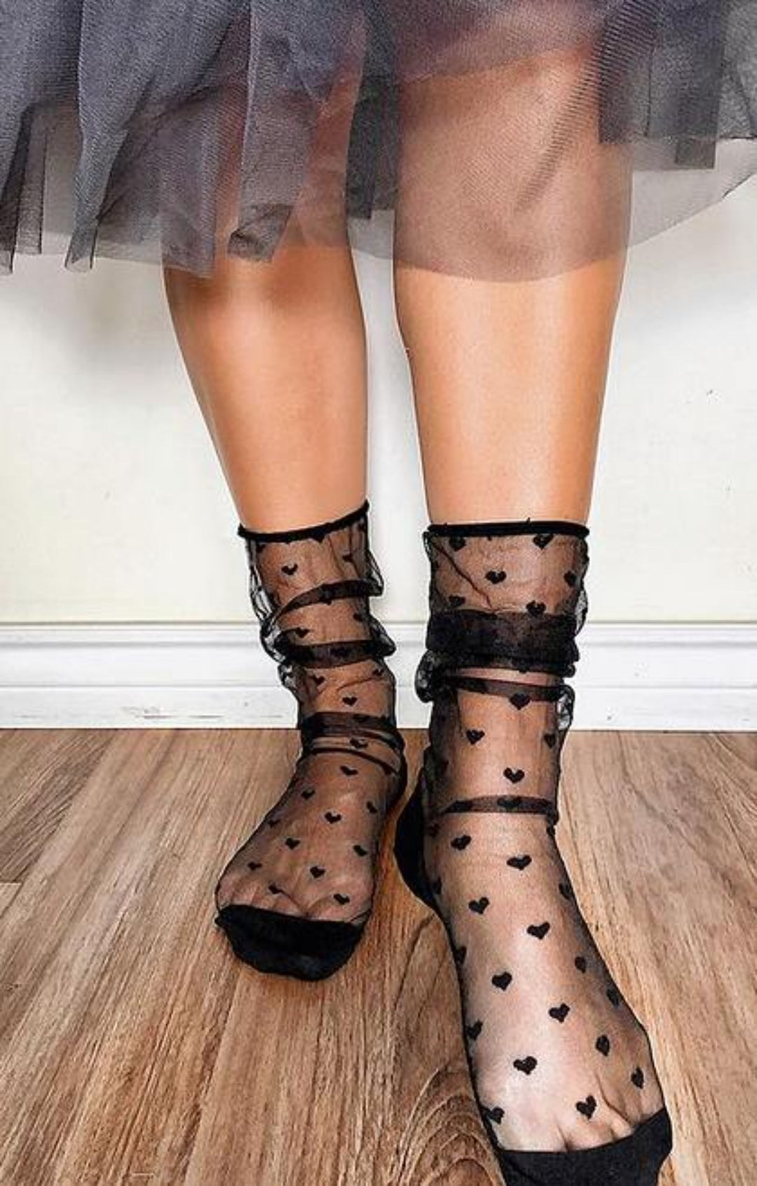 TABBISOCKS brand Heart Tulle Sheer Socks, black, transparent black fabric with black heart pattern all over