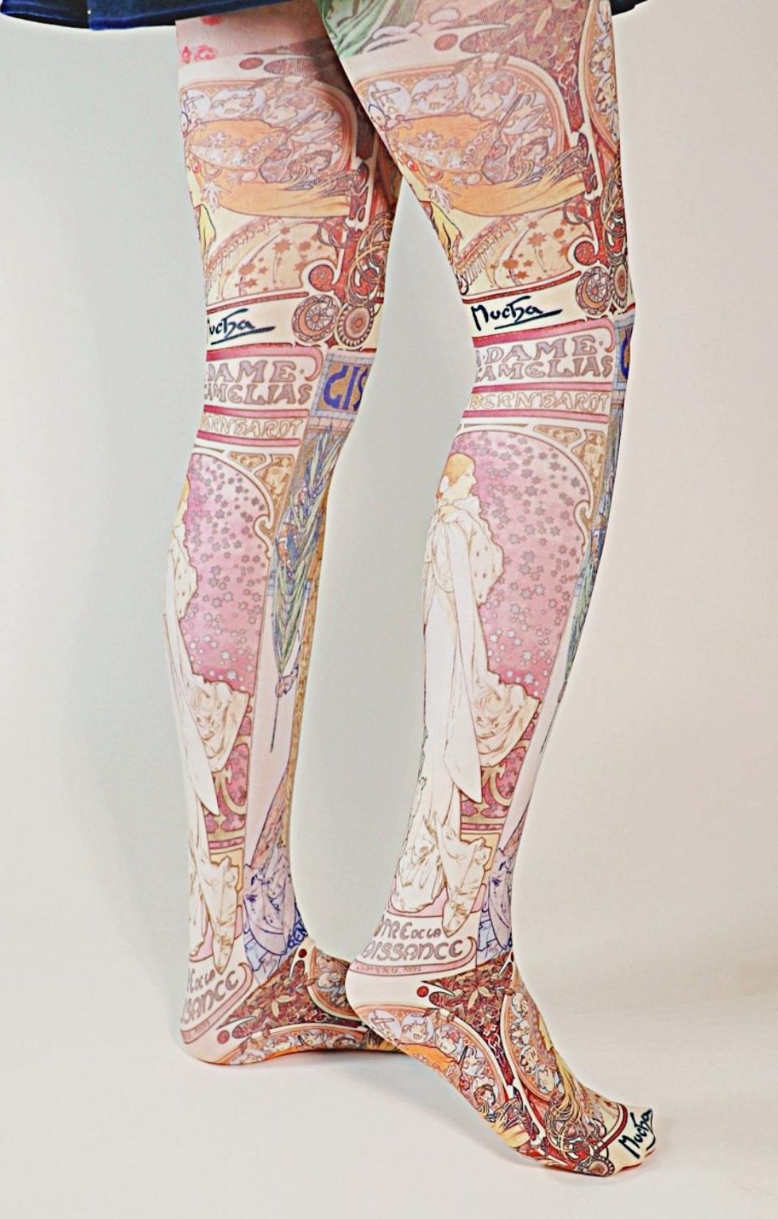 Woman wearing TABBISOCKS brand Alfons Maria Mucha Printed Tights from behind