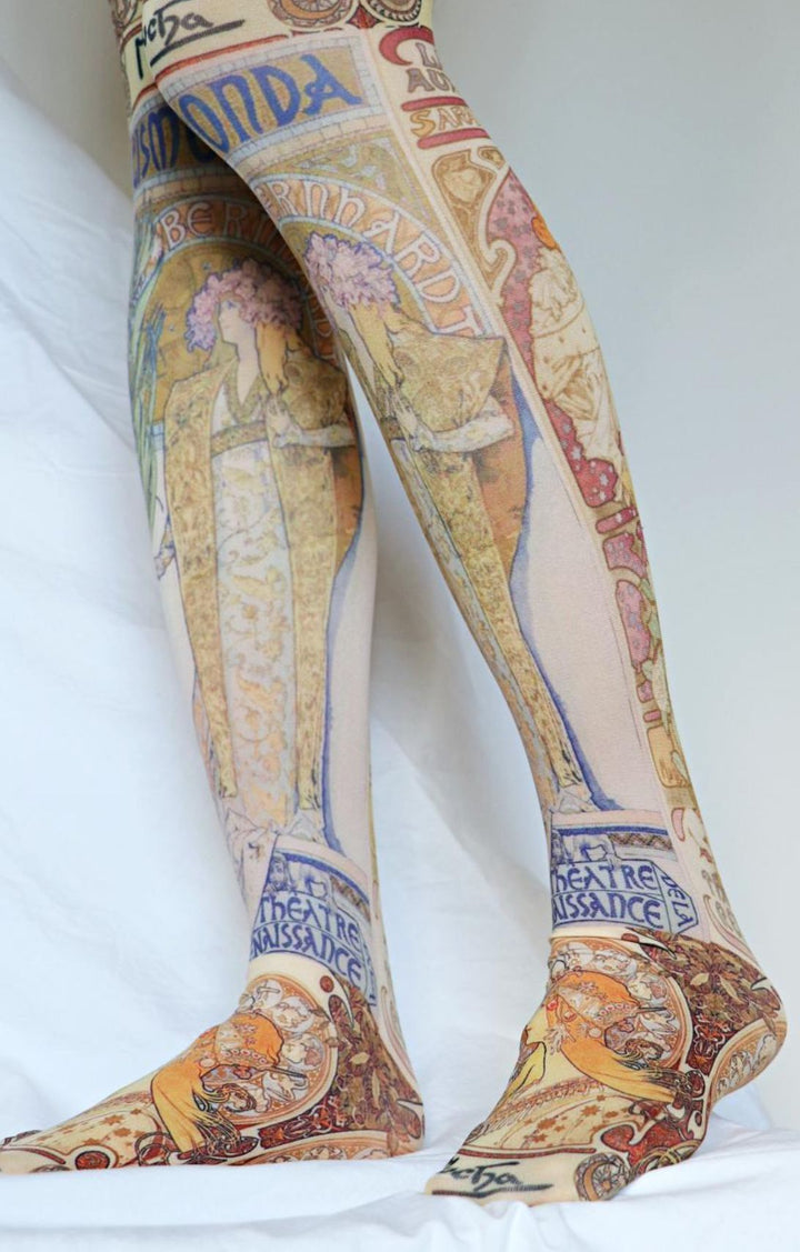 Woman wearing TABBISOCKS brand Alfons Maria Mucha Printed Tights from front